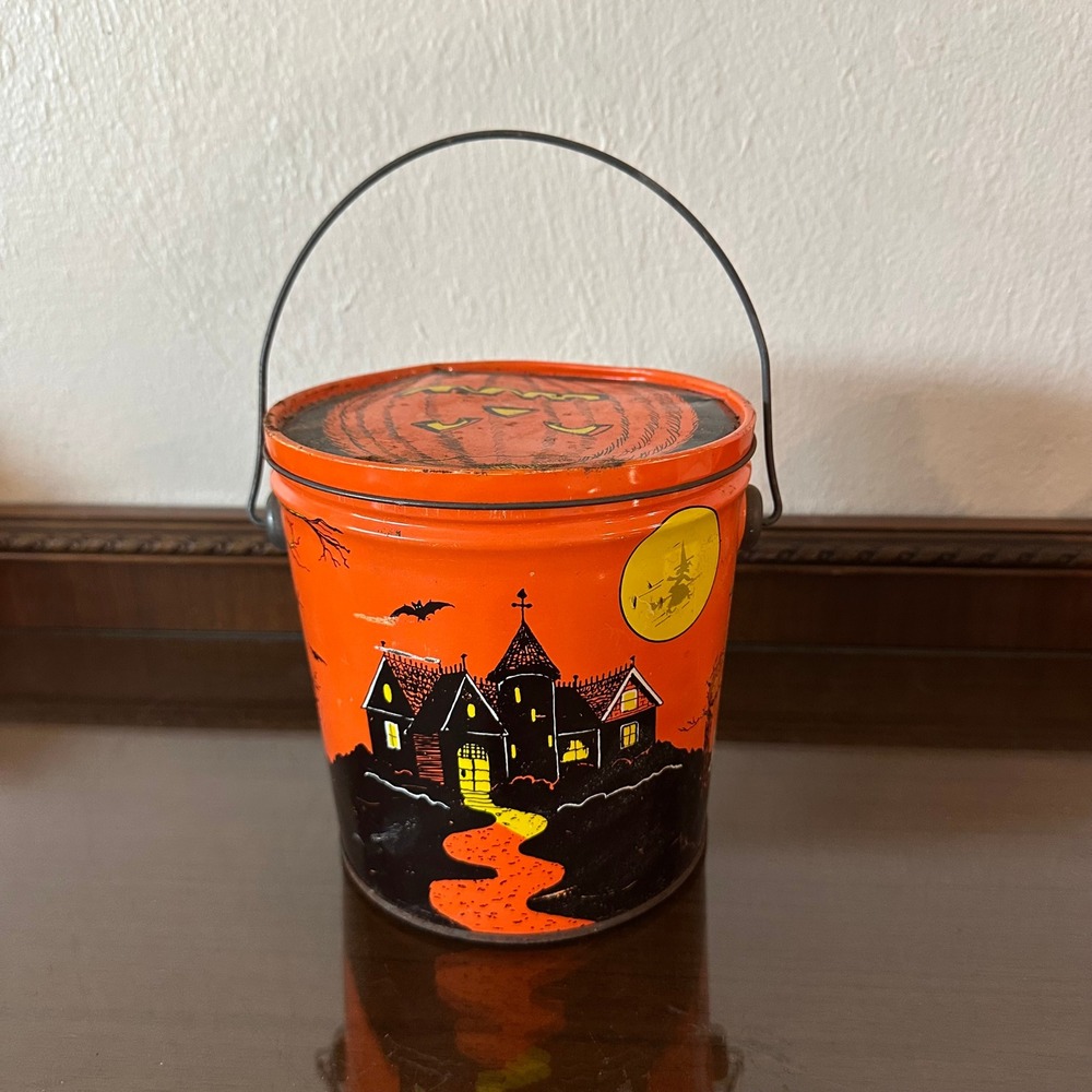 Vintage 1982 General Can Co Halloween‎ Tin Pail Bucket Haunted House Witch 6in